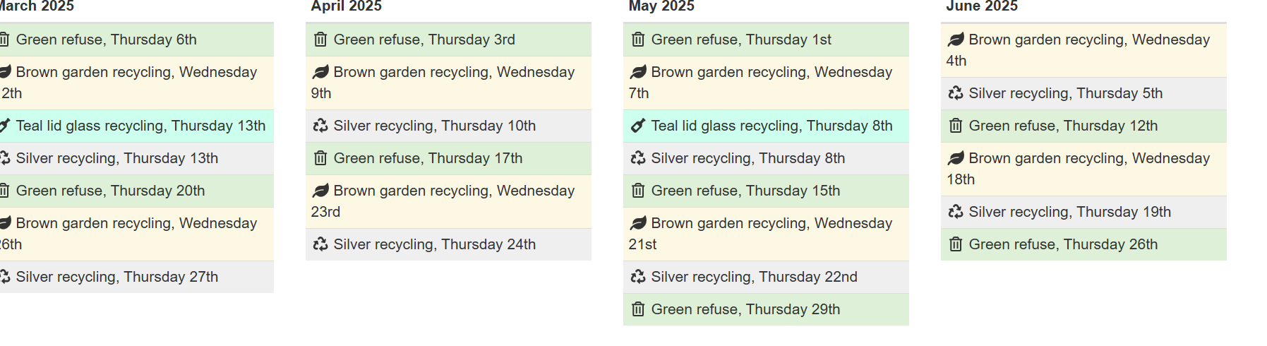 MARCH TO JUNE 2025 BIN DAYS