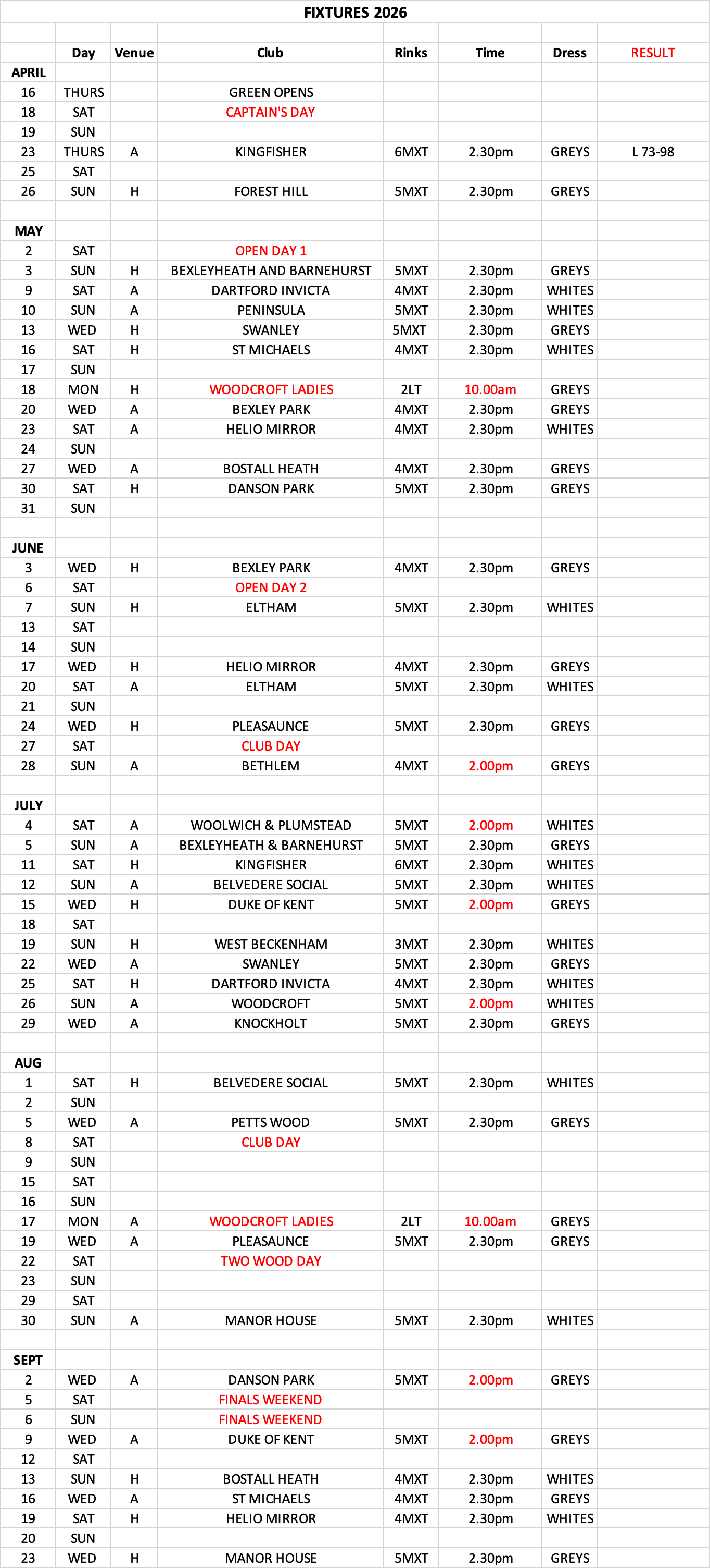 Kings Bowls Club Fixture List & Venues