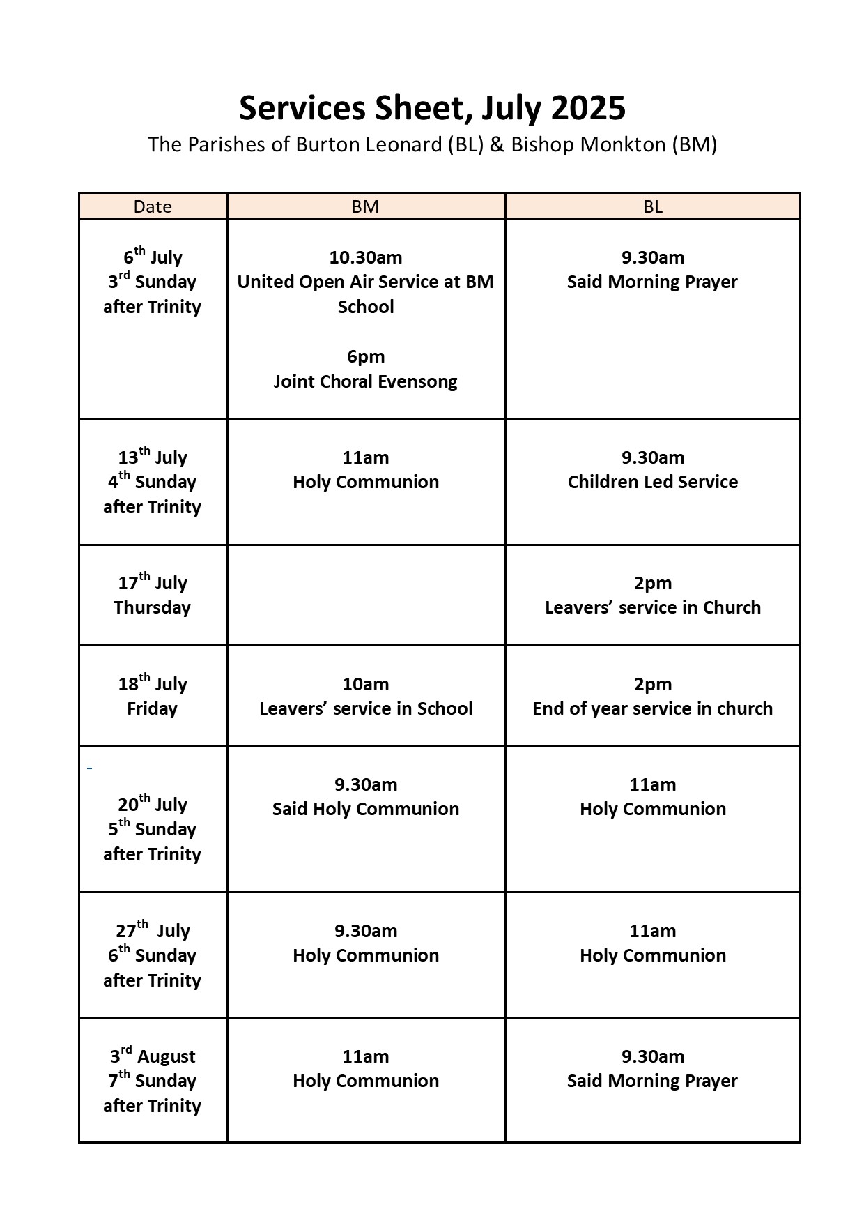 BISHOP MONKTON TODAY Monthly Services