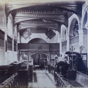 1873. Interior of Mickleham Church looking west. Galleries & old fashioned pews