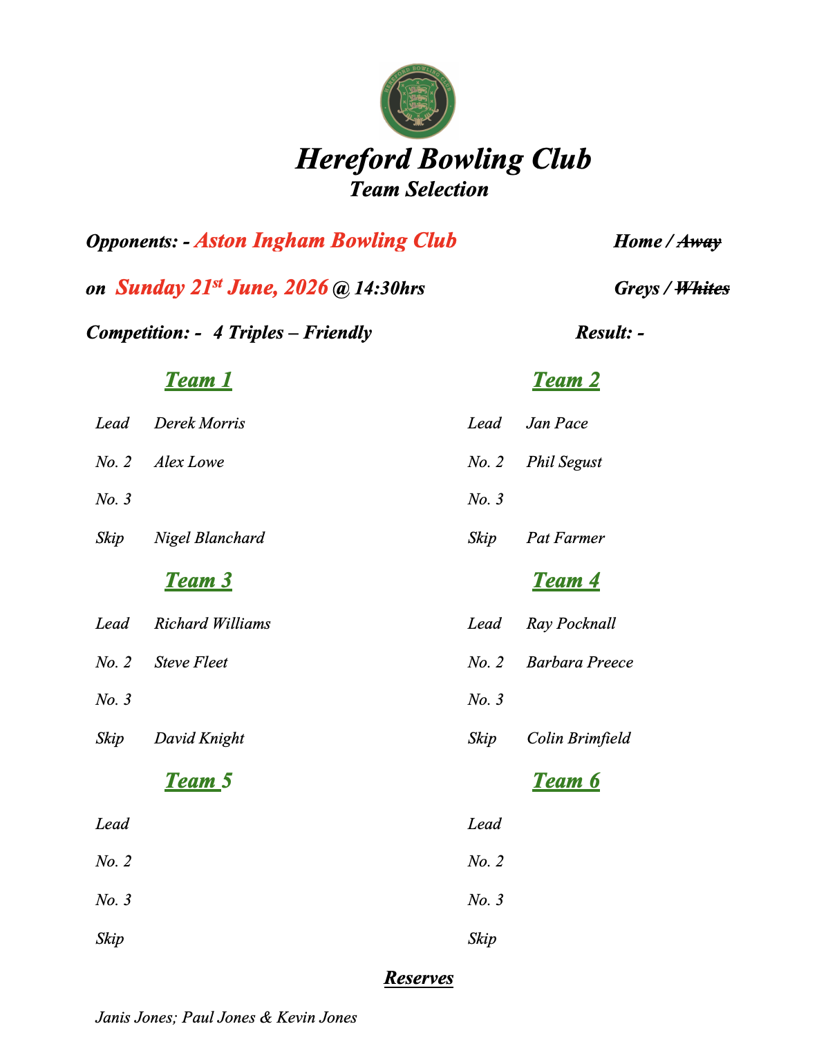 Hereford Bowling Club Aston Ingham - Friendly - 21/06/26