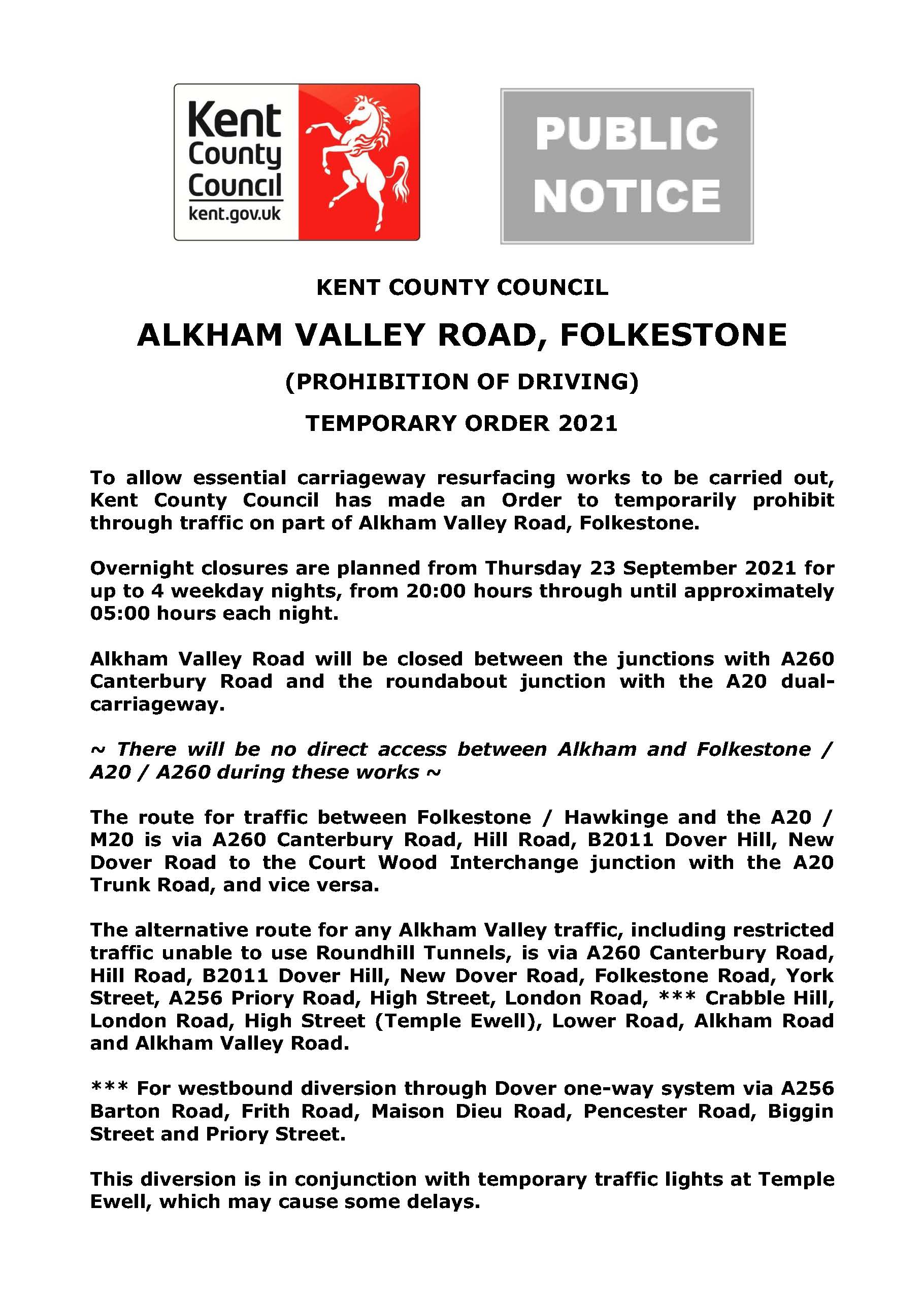 Temporary Overnight Road Closures – Alkham Valley Road, Folkestone – 23, 24, 27 & 28 September 2021