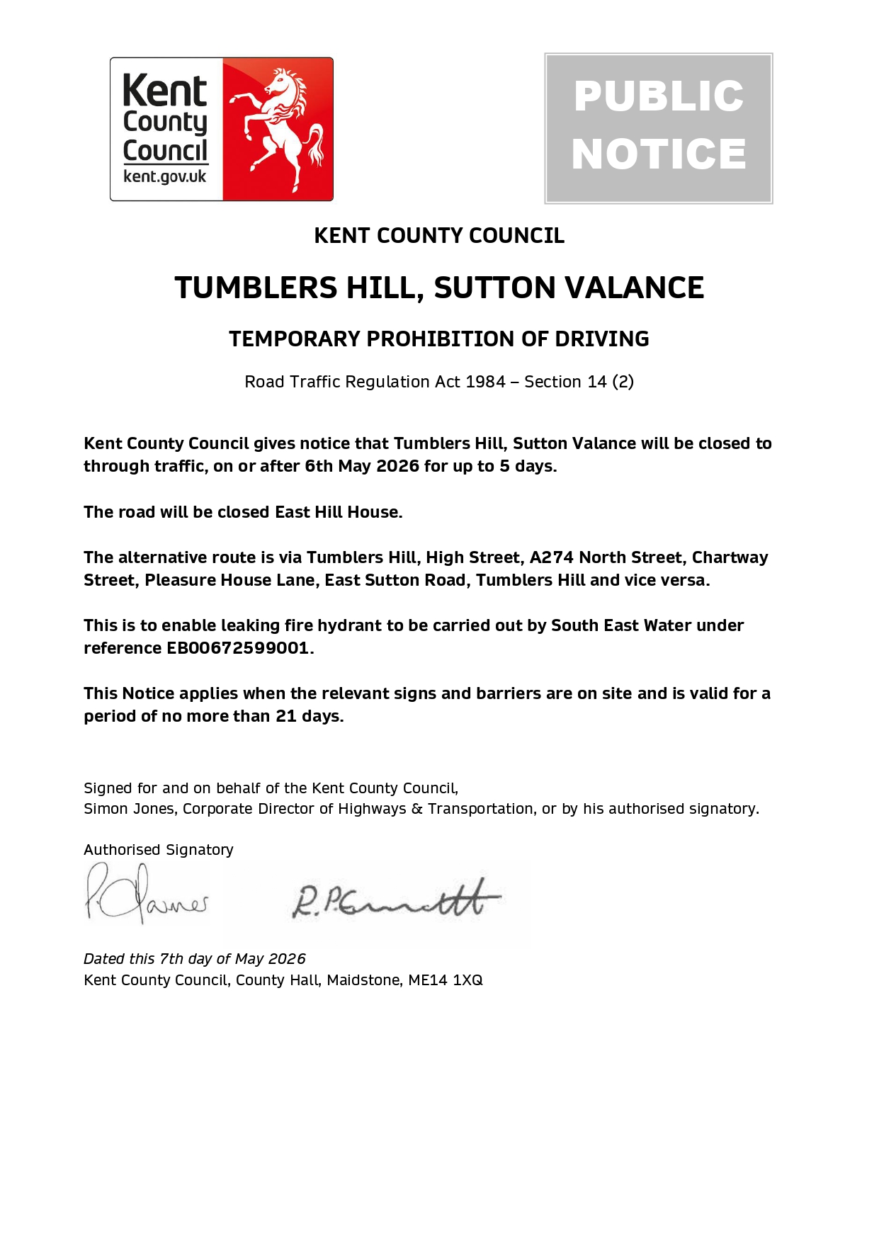 Sutton Valence Parish Council Road Closures