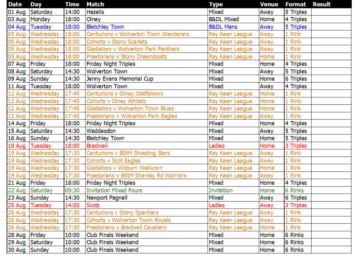Buckingham West End Bowls Club 2006 August Fixtures