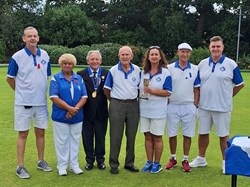 Mixed Triples winners and runners up from left to right Matthew Jenner, Rosemary Field and Norman Tilley runners up, winners Lisa Creasey, Nick Newman and Jason Lillis