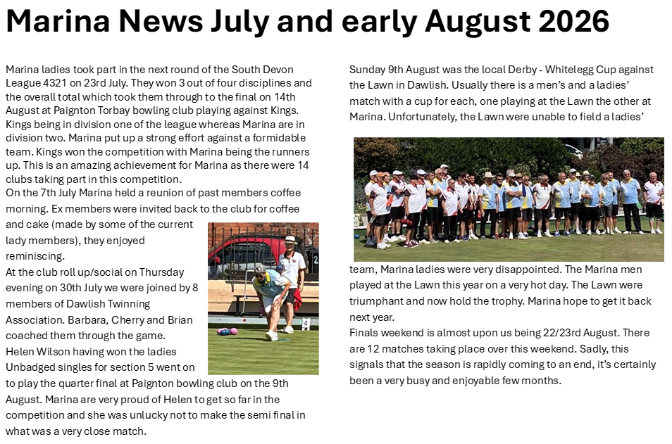 Marina Bowling Club Dawlish Aug 2026 Onwards