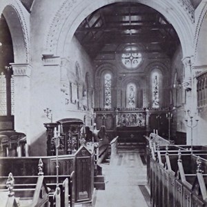 1872. Interior of Mickleham Church showing restoration of the Chancel. Also showing Norbury Pew & the Servant's Pew.