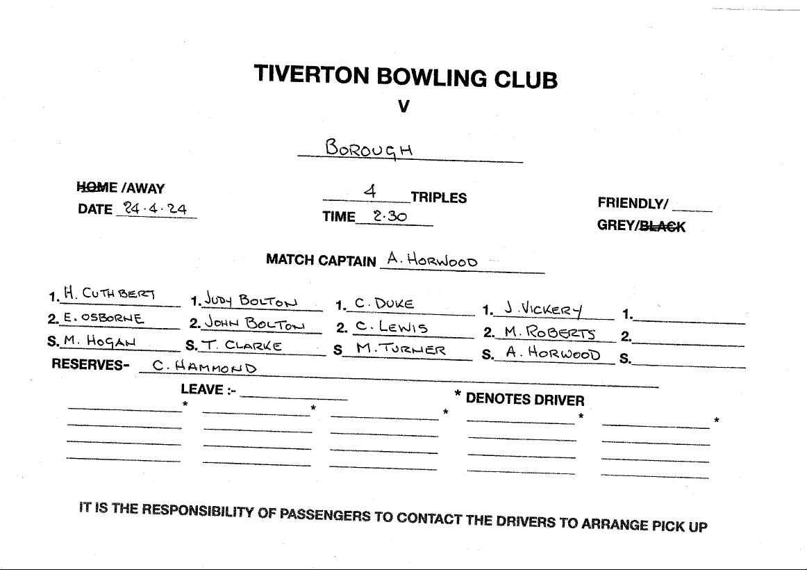 Tiverton Bowling Club 24.04.24 Borough Friendly