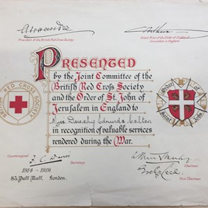 Dorothy Colton's British Red Cross certificate