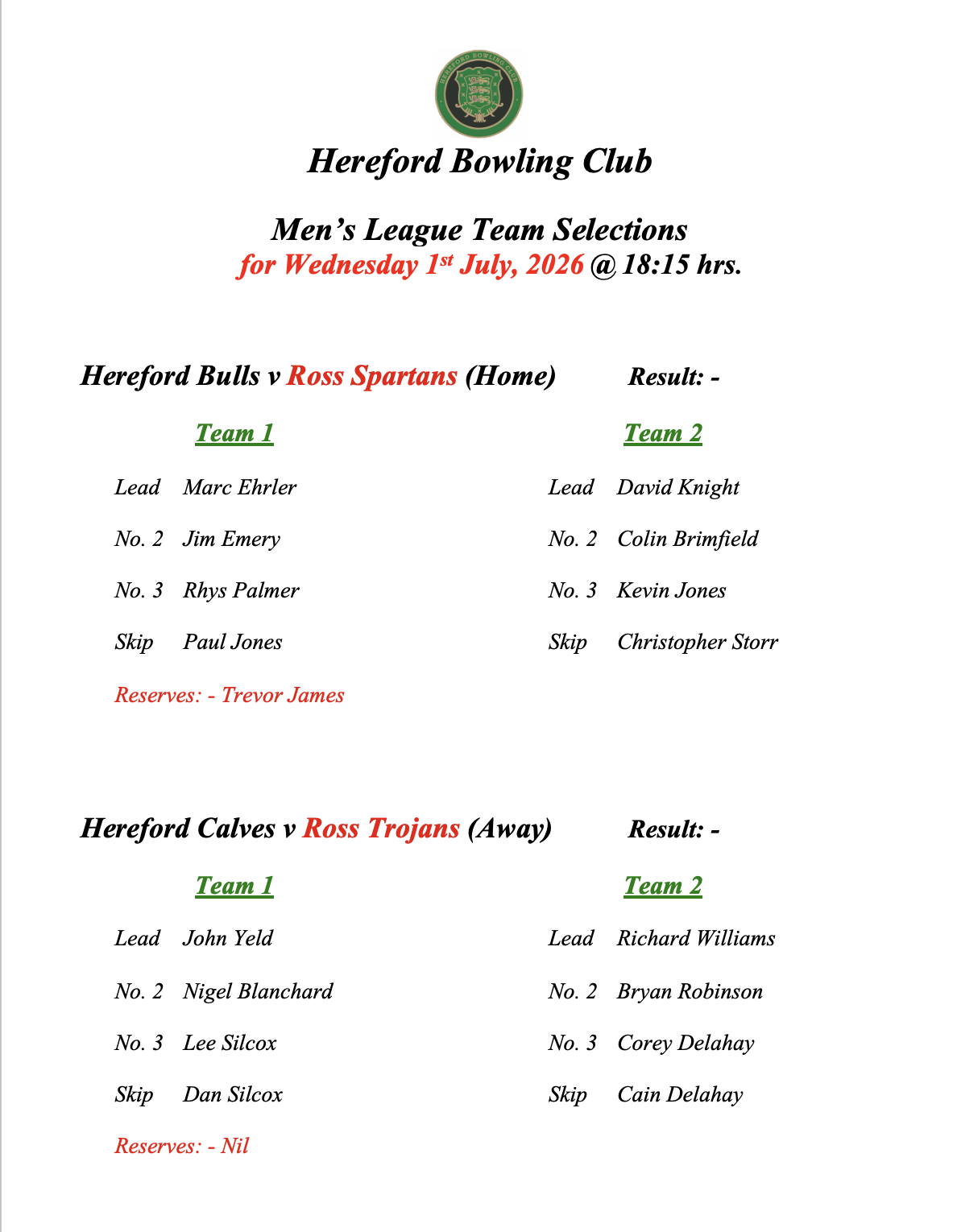 Hereford Bowling Club Men's League - 01/07/26
