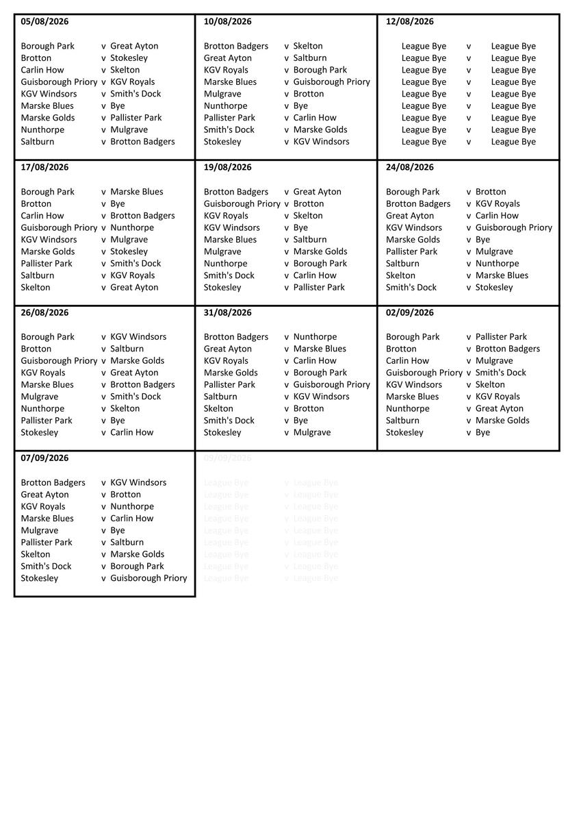 CLEVELAND BOWLS LEAGUE 1921 Afternoon Fixtures for 2026 (not ready)