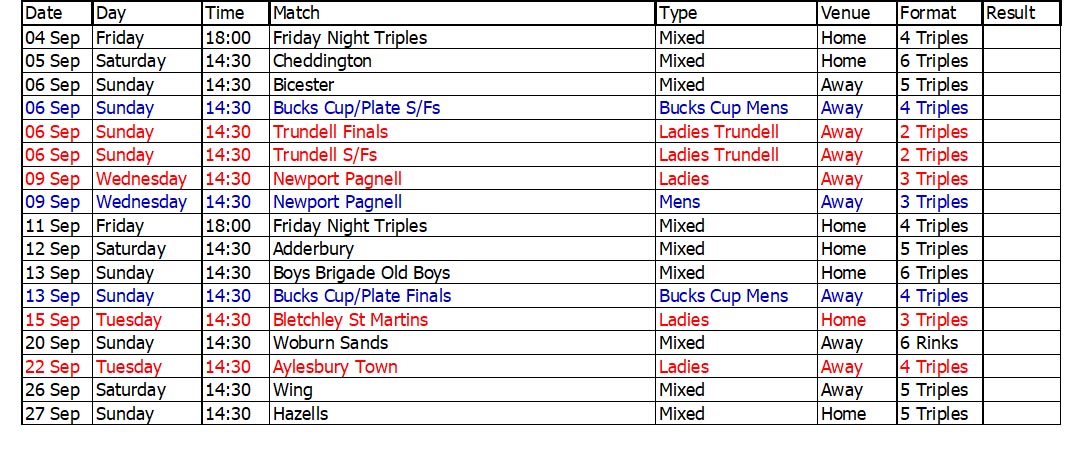 Buckingham West End Bowls Club 2006 September Fixtures