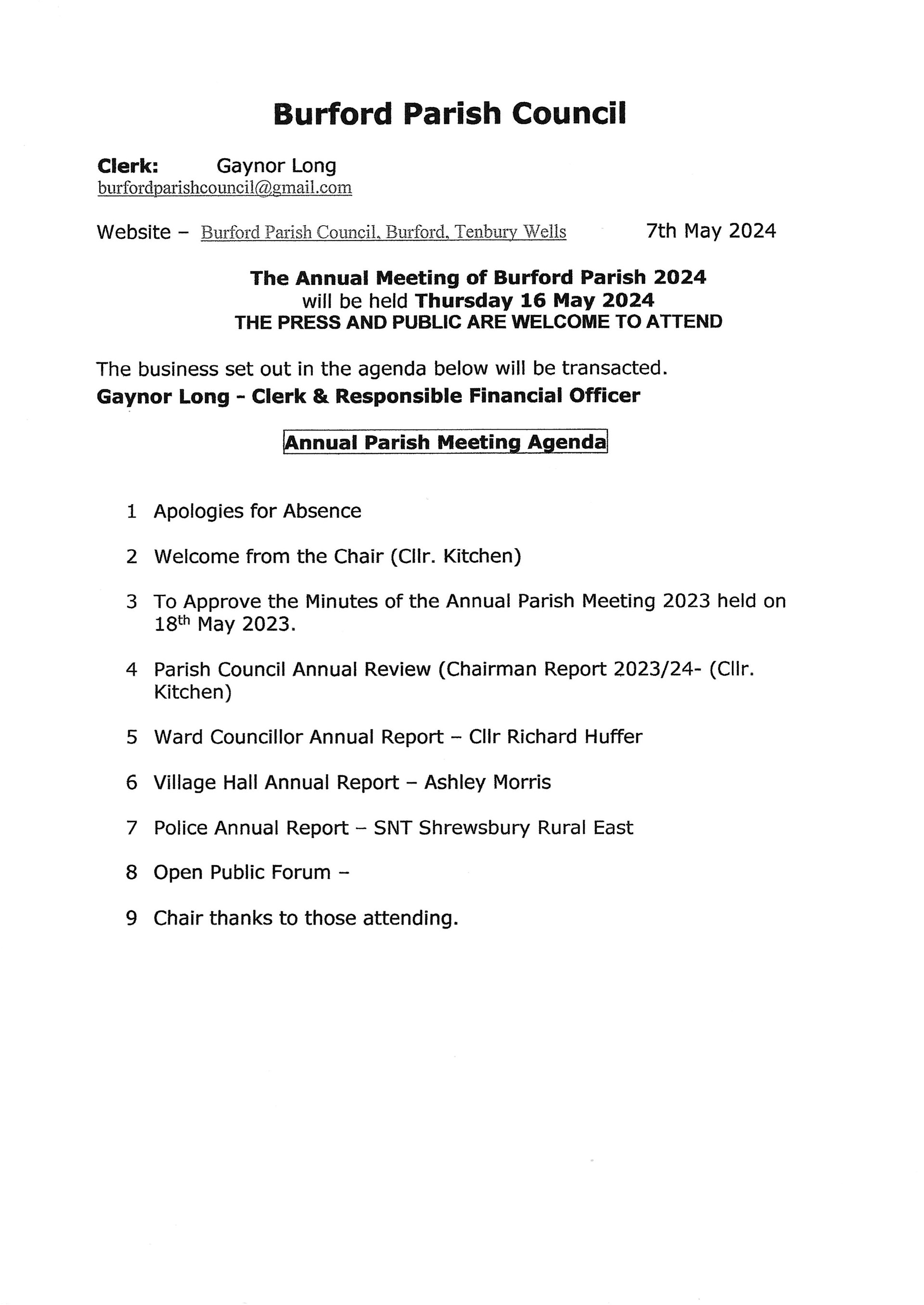 Burford Parish Council Agenda Annual Mtg 2024