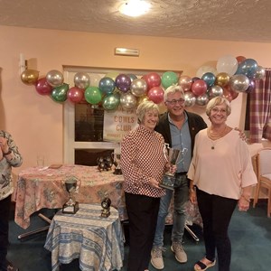 Ladies' Invitational winner Linda Draycott (partner Ian Kirsch not available) and Finalist Chris Wright  (Partner Robin Bramson not available) being presented with their Trophies by Paul Ugo