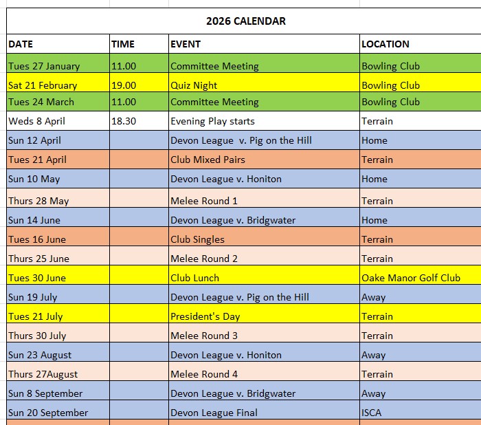 Wellington Pétanque Club Calendar