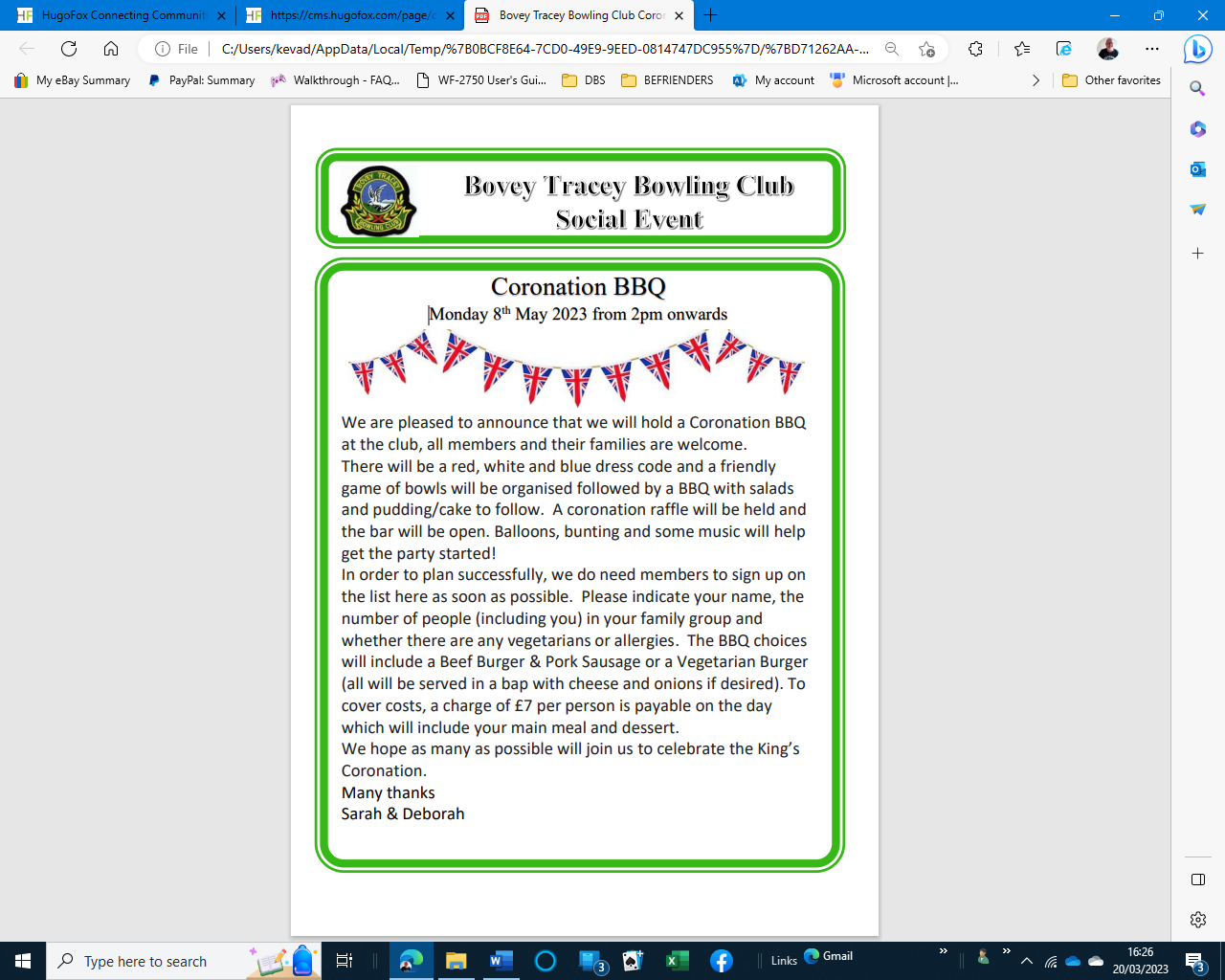 Bovey Tracey Bowling Club. KINGS BBQ