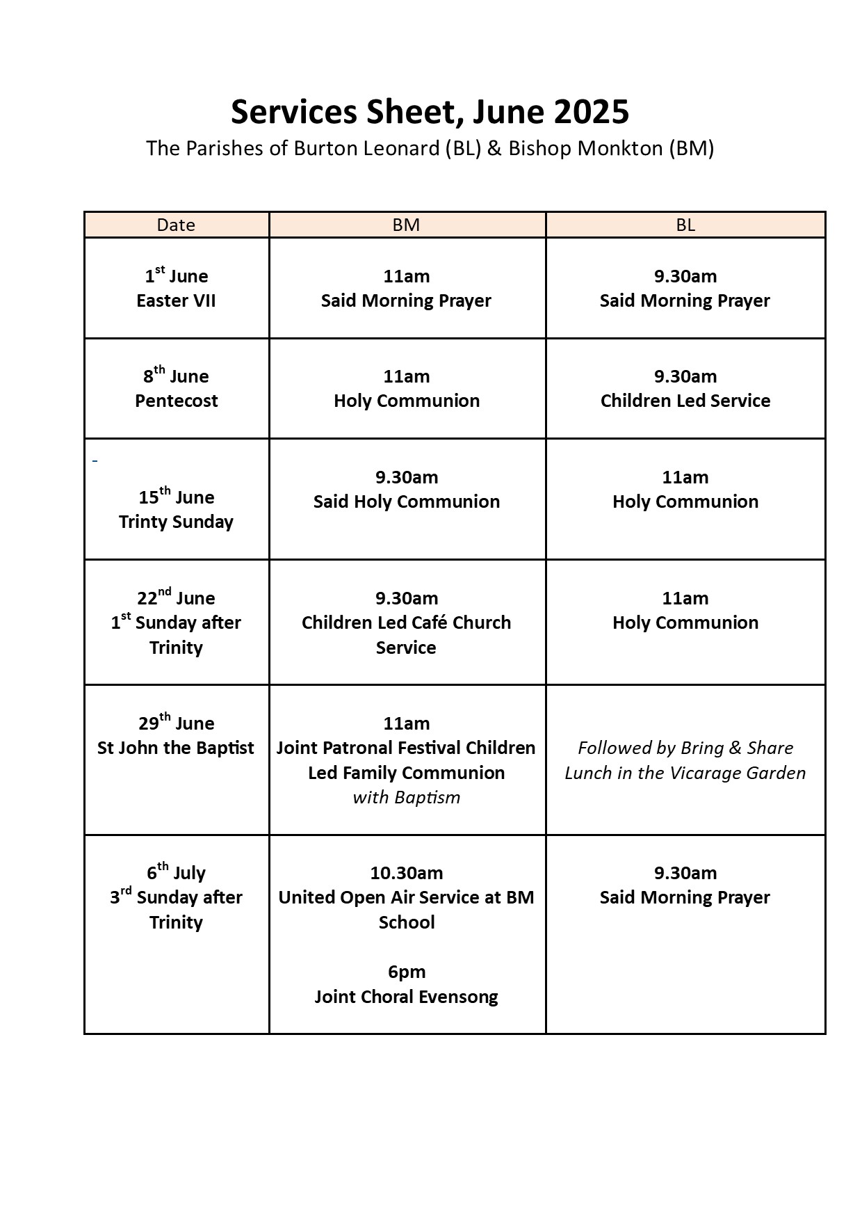 BISHOP MONKTON TODAY Monthly Services