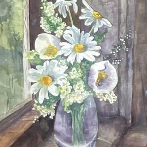 Flowers at the Window, mixed media by Helen Pell