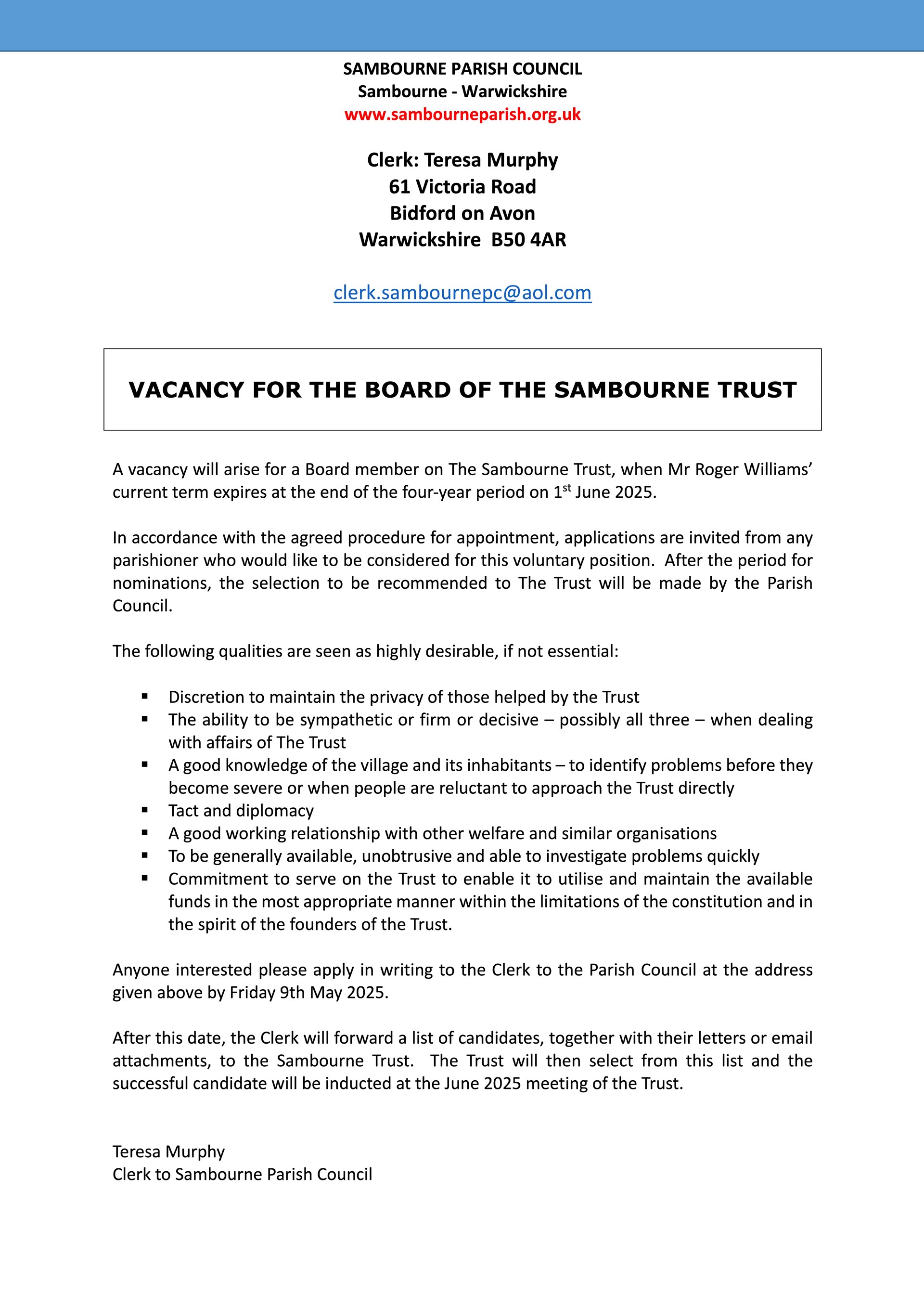 Sambourne Parish Council The Sambourne Trust