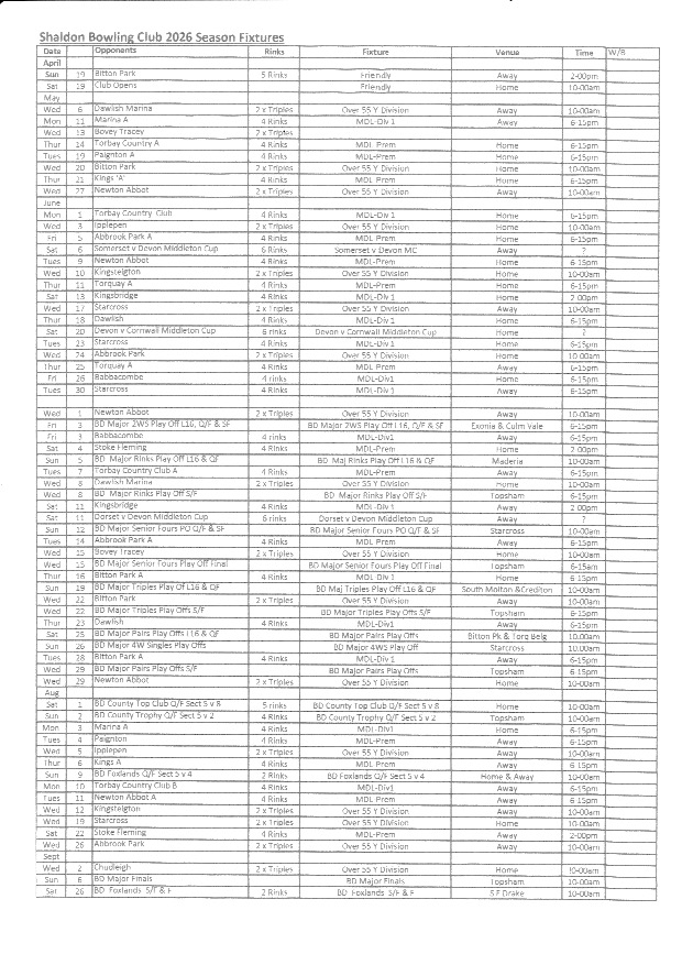 Shaldon Mens Fixtures 2026