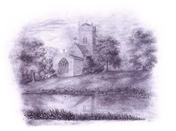 Sketch by Anne Bronte of fishpond and church