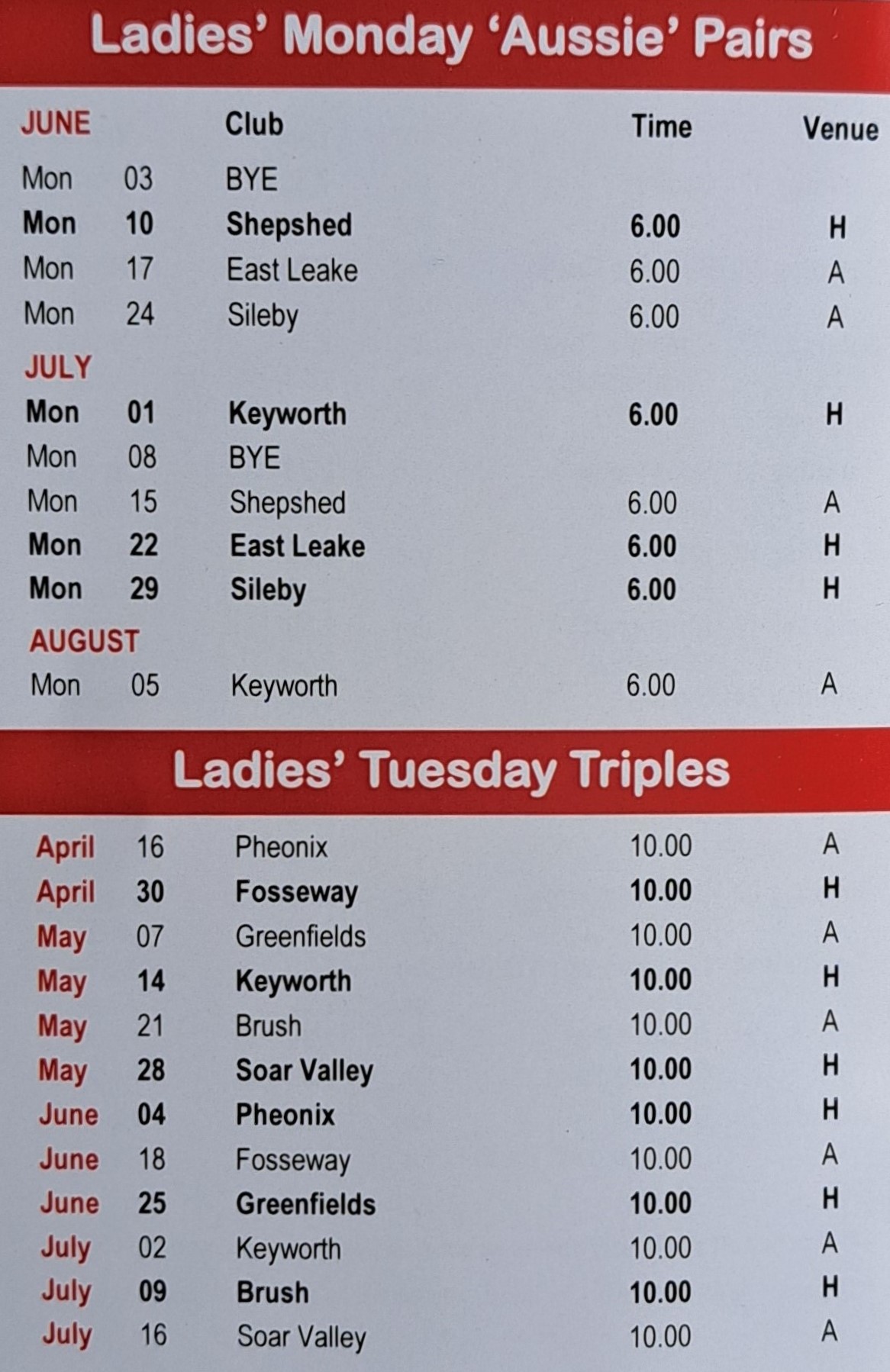 Birstall Bowling Club Ladies Fixtures