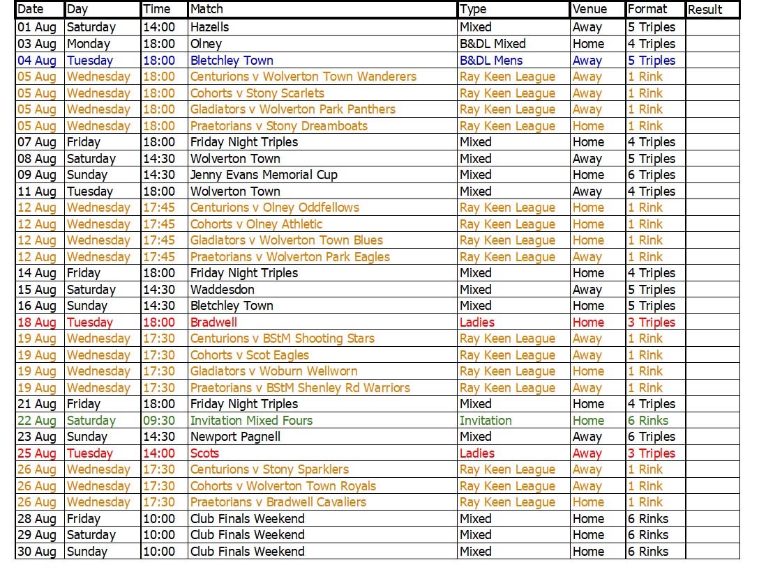 Buckingham West End Bowls Club 2006 August Fixtures
