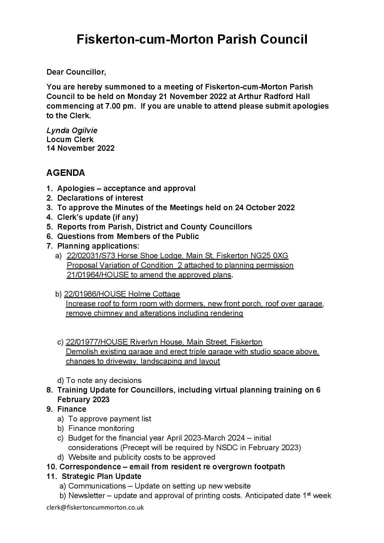 Fiskerton-cum-Morton Parish Council Agenda November 2022