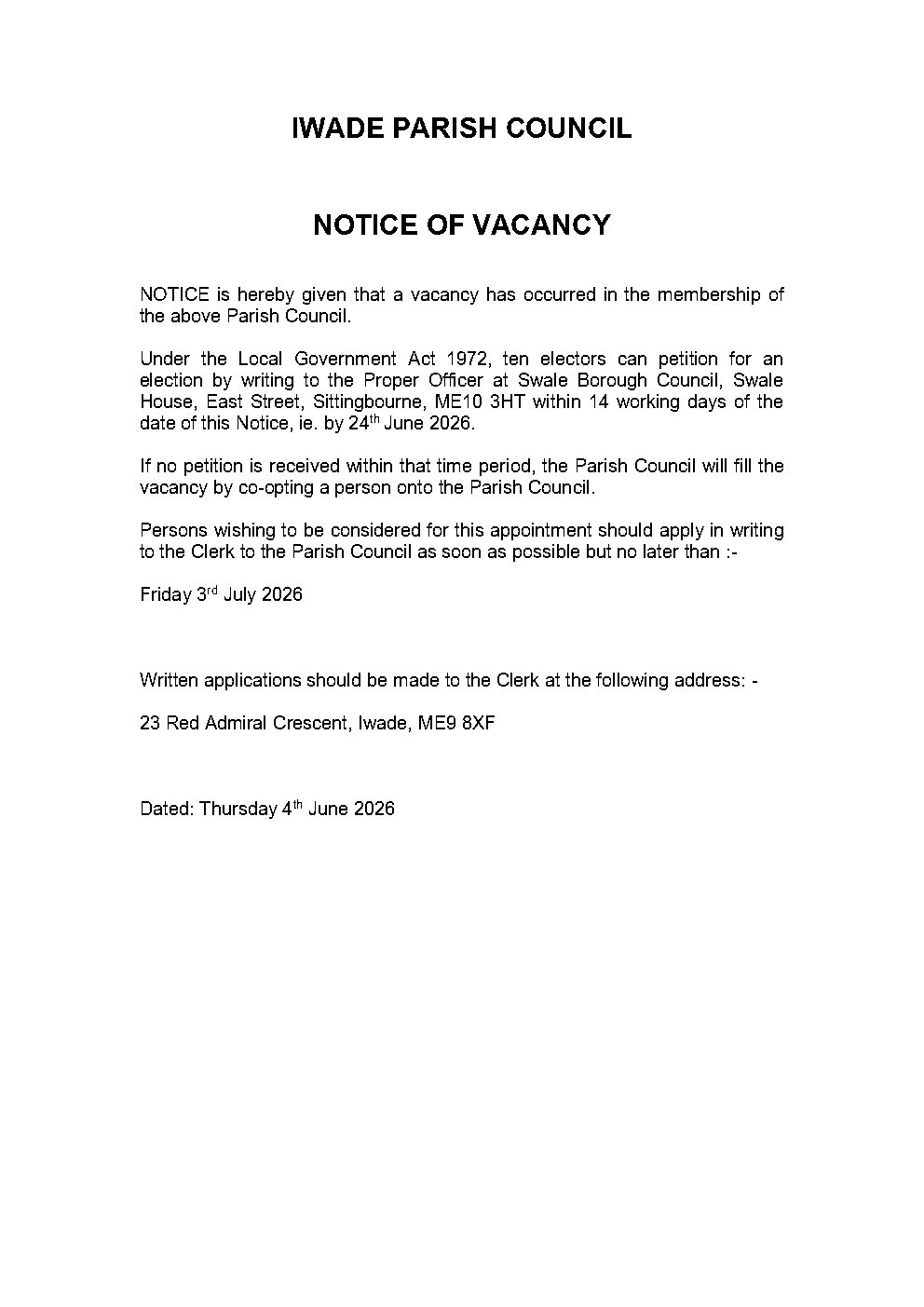 Iwade Parish Council Parish Councillor Vacancies