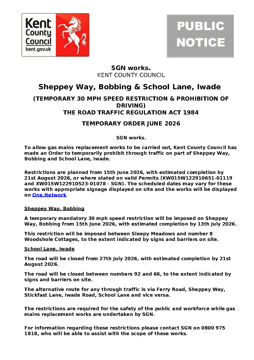 Iwade Parish Council Road and Footpath closures