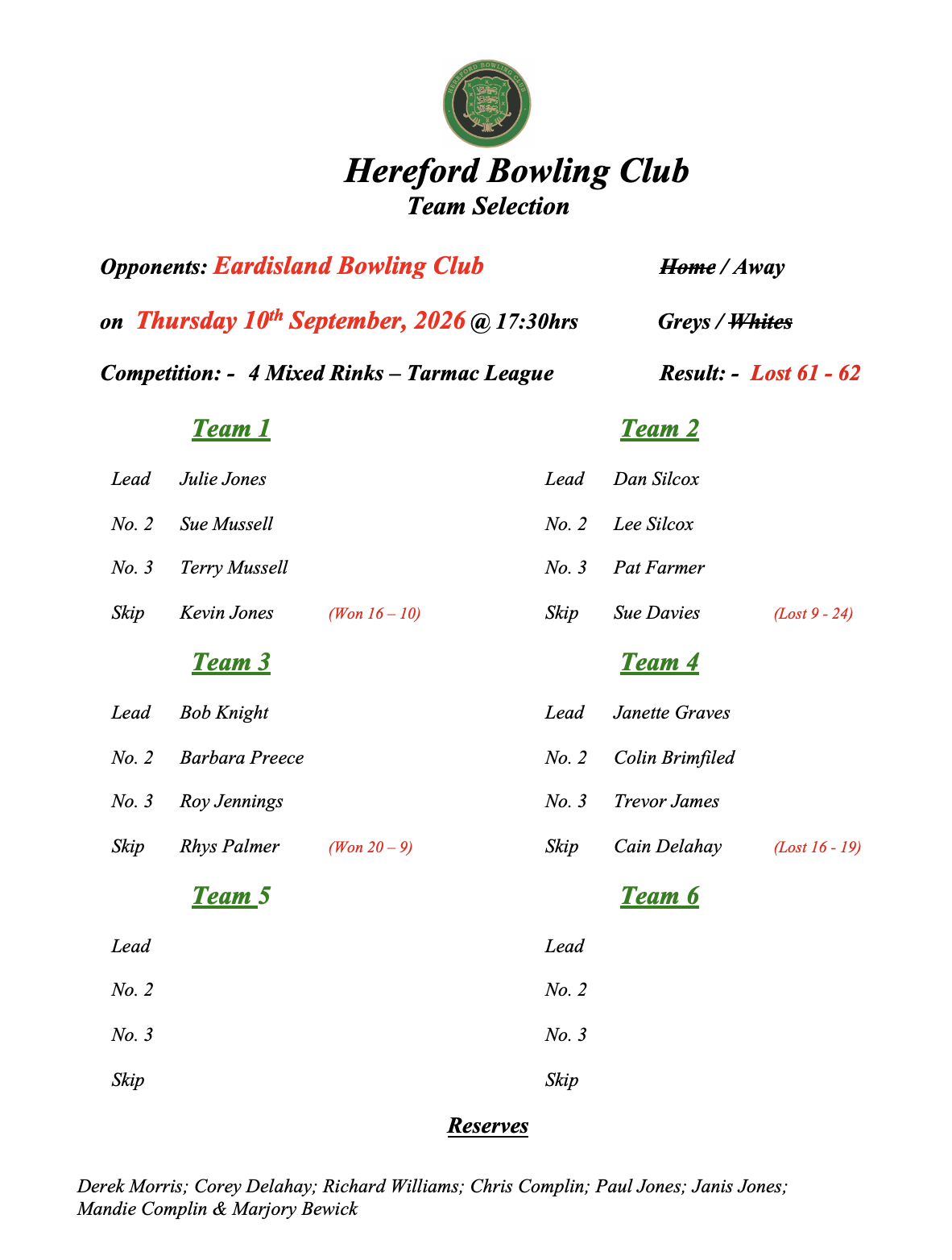 Hereford Bowling Club Eardisland - Tarmac League 10/09/26