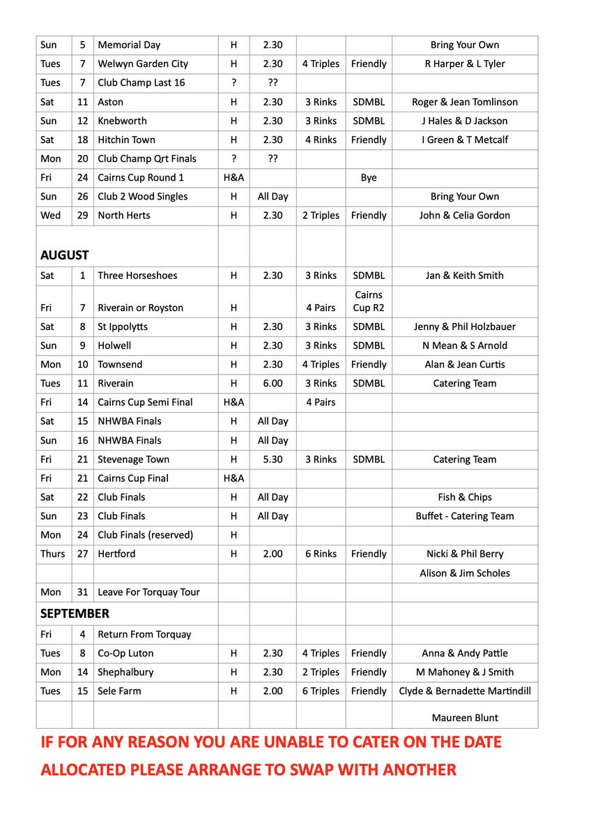 Datchworth Bowls Club Catering Rota 2026