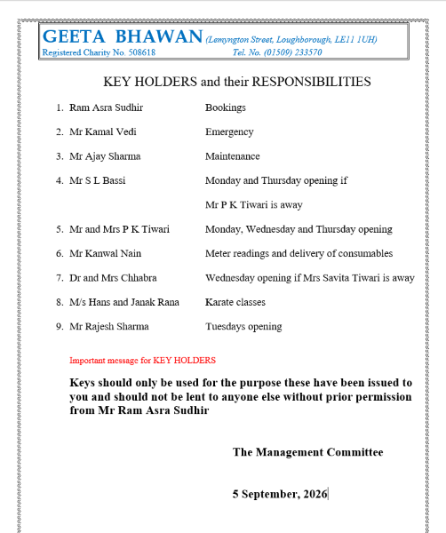 GEETA BHAWAN Duties of Key holders