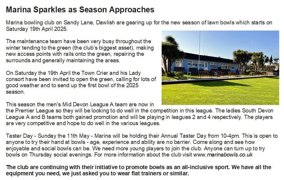 Marina Bowling Club Dawlish 2025 Press Items