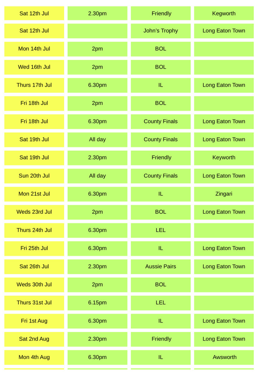 Long Eaton Town Bowls Club 2025 Calendar