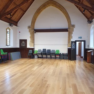 Main hall showing stone arch