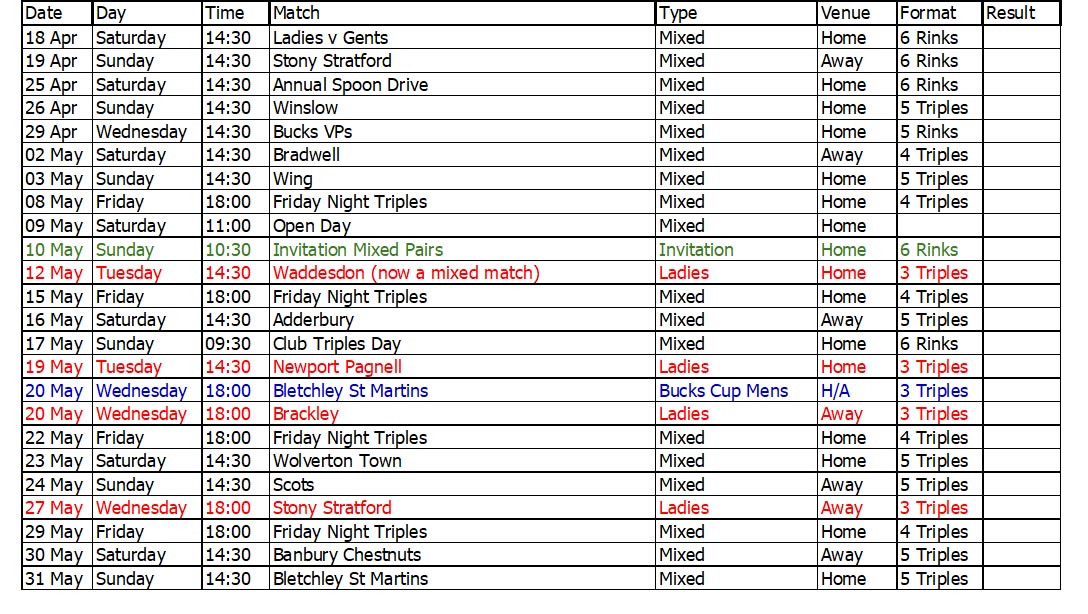 Buckingham West End Bowls Club 2006 April and May Fixtures