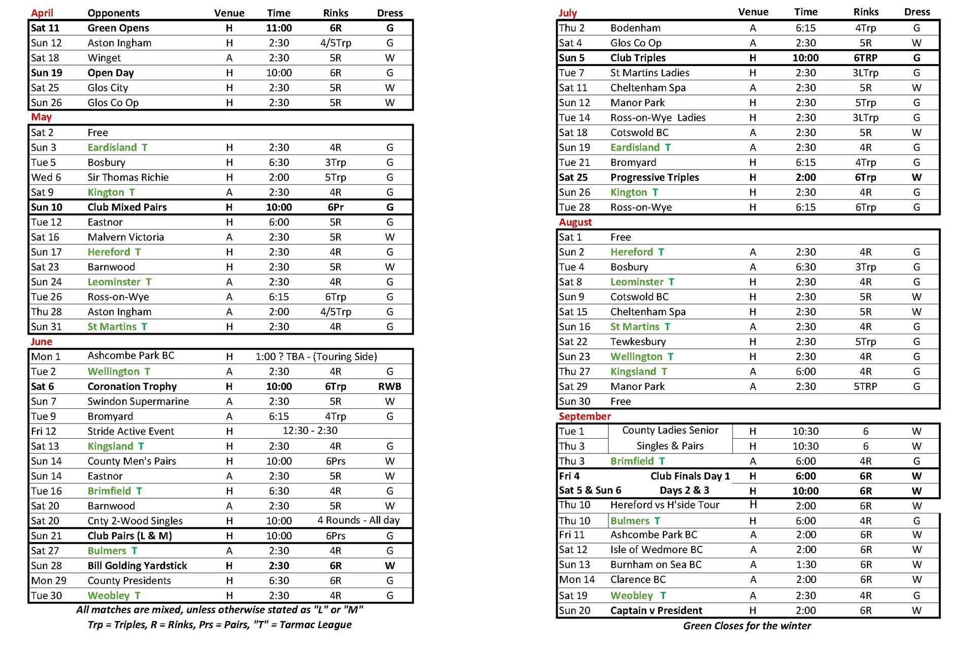 Ledbury Bowling Club Fixture Card 2026 (inc Tarmac League)