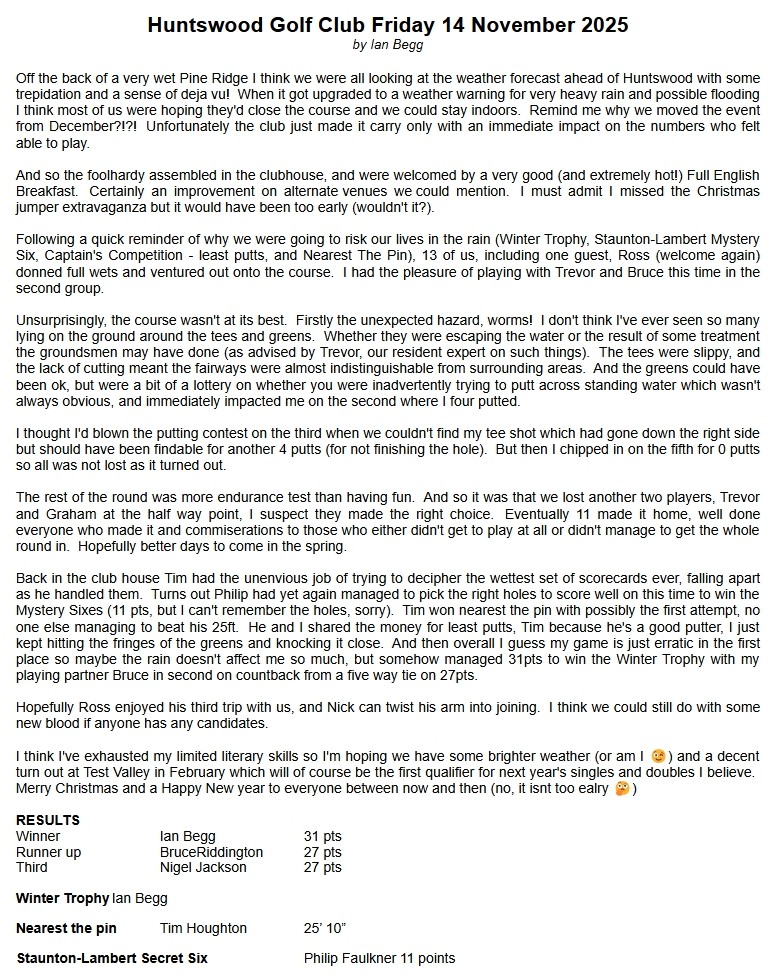 Bracknell Cavaliers Golf Society Huntswood Friday 14 November