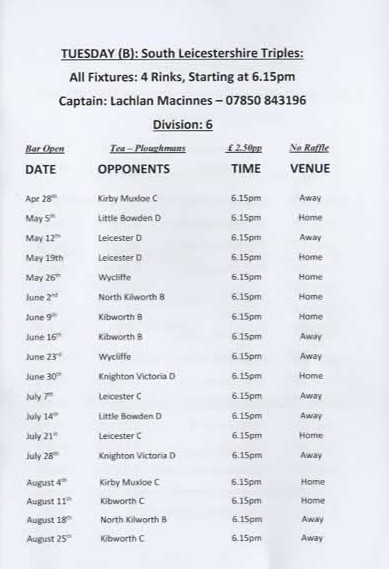 Hart of Fleckney Bowls Club S Leics Triples League