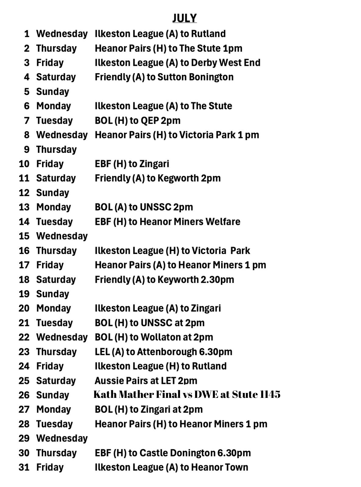 Long Eaton Town Bowls Club Fixtures Calendar