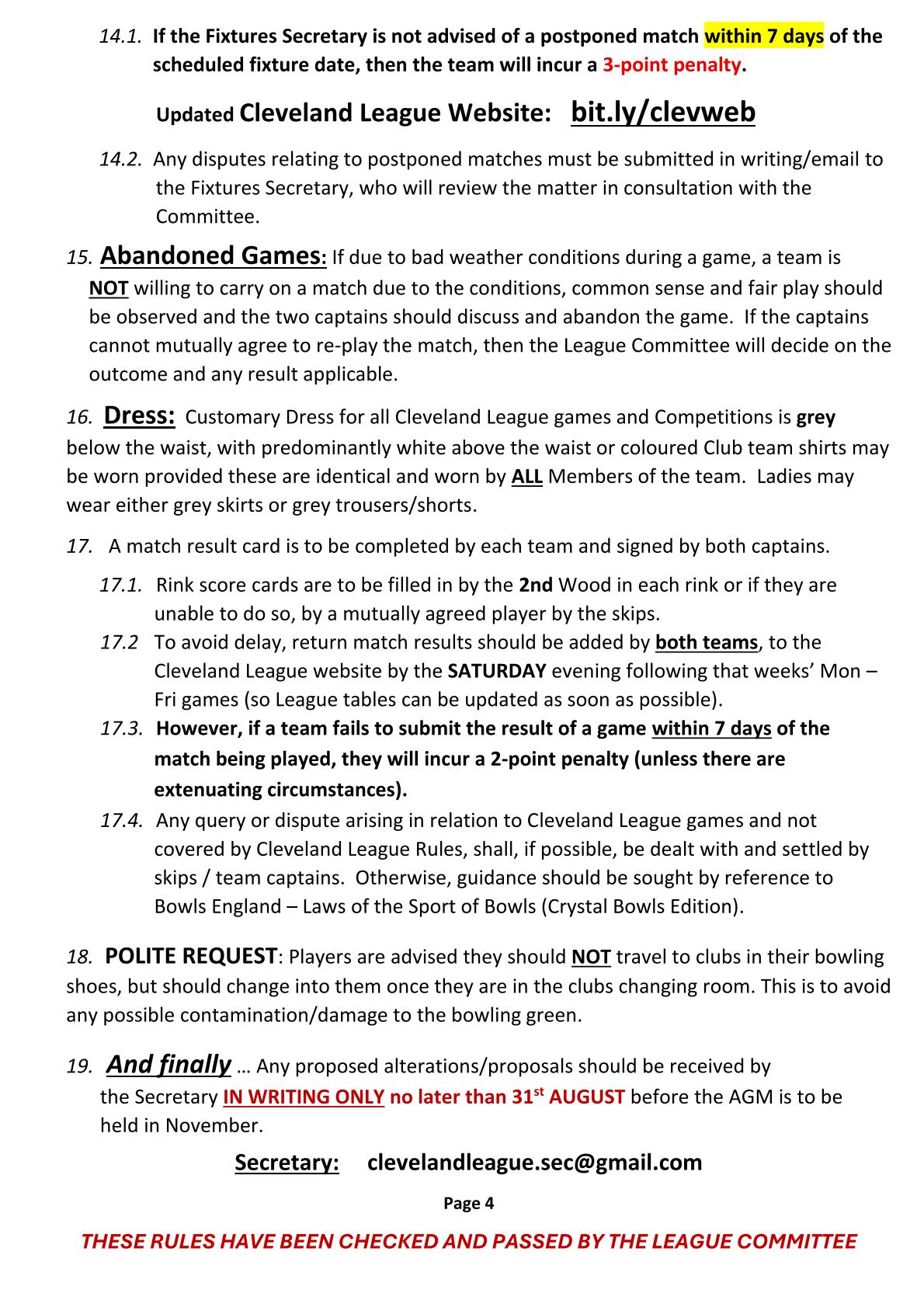 CLEVELAND BOWLS LEAGUE 1921 Rules - Updated Jan 2024