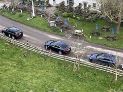 The Woolpack Inn, opposite the church, seen from the top of the tower