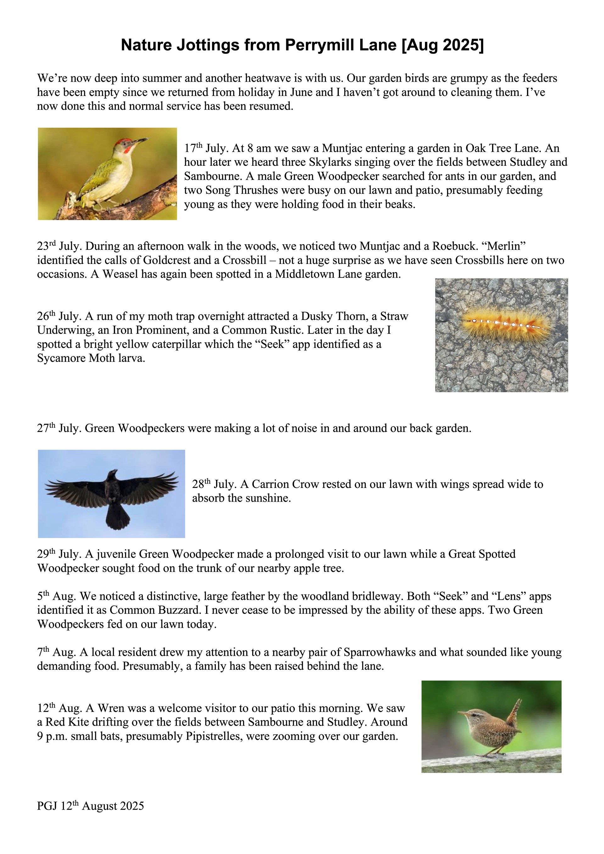 Sambourne Parish Council Wildlife sightings in Sambourne Parish