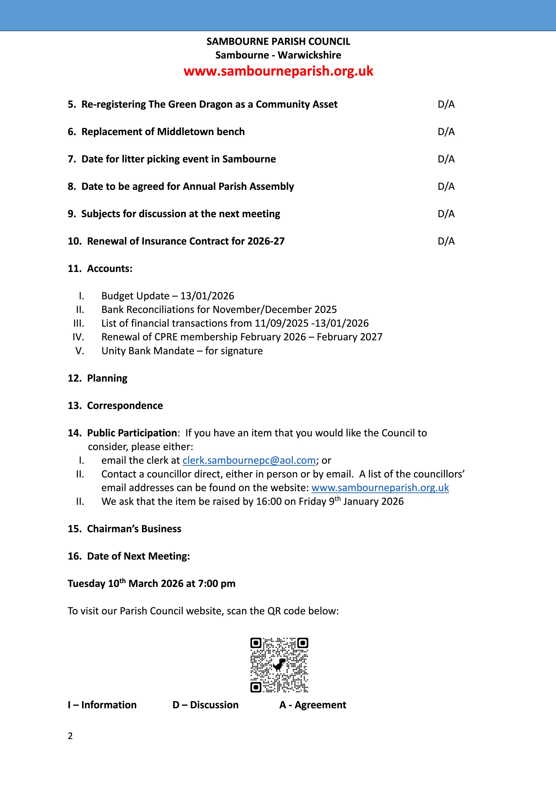 Sambourne Parish Council Agendas