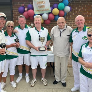 Triples Cup Finalists Gus Edwards, Chris Wright, Martin Taylor, Ian Kirsch, Gordon Price (Sponsor), Terry Crane and Catriona Griggs. Winners Martin, Ian and Terry