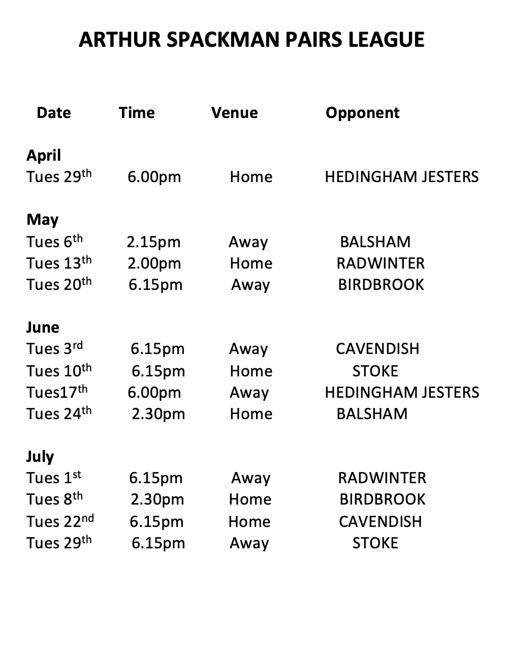 Castle Camps Bowls Club Fixtures