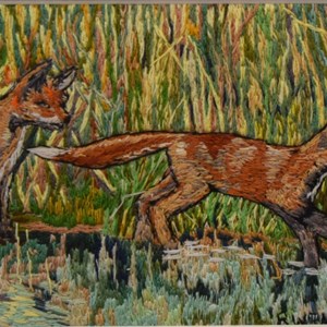 Foxes Going Home, embroidery by Barbara Weaving