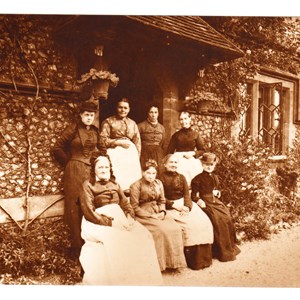 Almshouse pensioners Mrs White Miss Dudley Mrs Rogers Mrs Bunce Mrs Worsfold Mrs Creasy Mrs Collinson Miss Clements. Mickleham August 1894.
