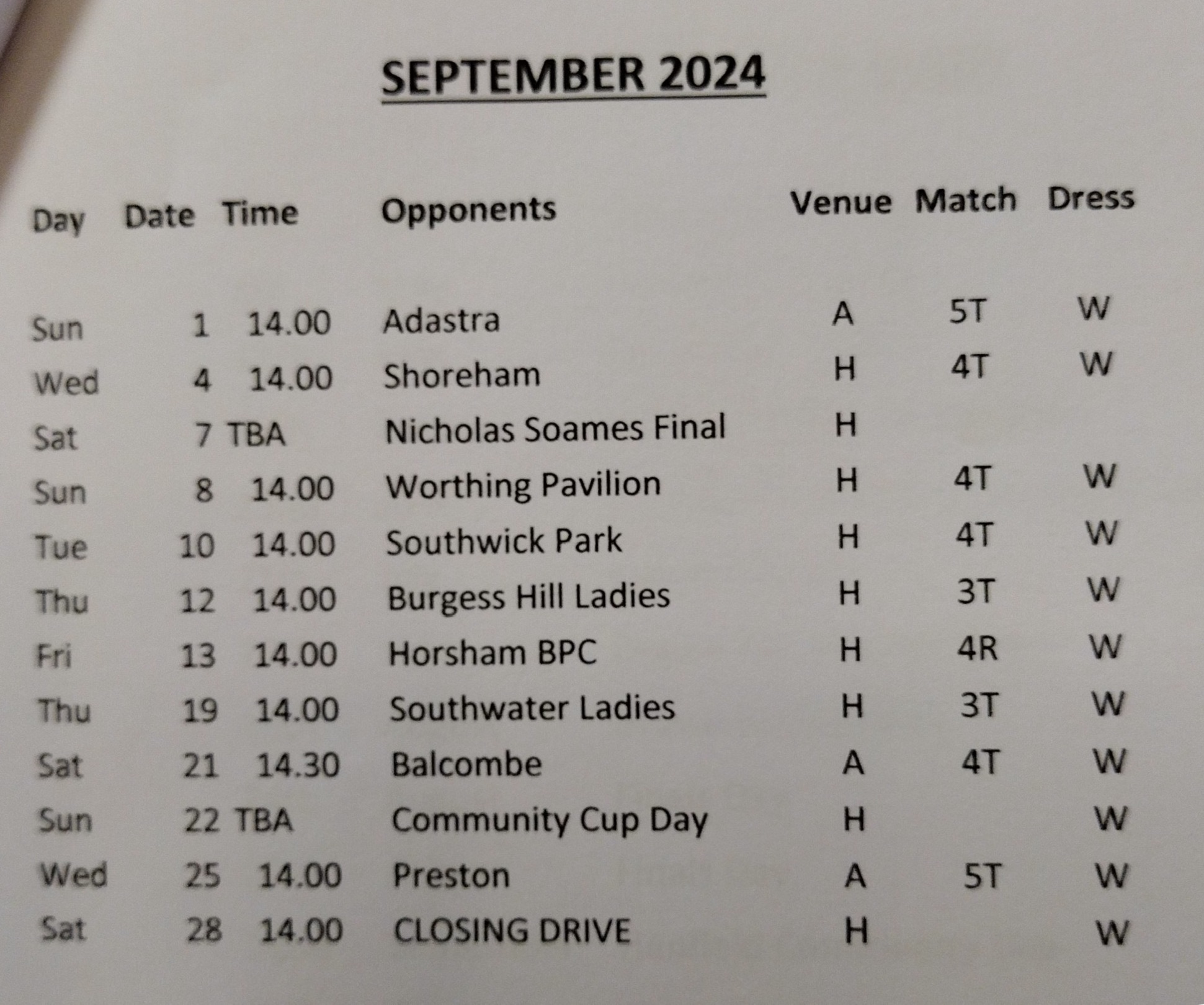Henfield Bowling Club Fixtures - September 2024